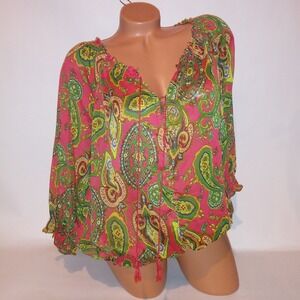Avenue Blouse 14 16 Pink Green Paisley Sheer Smocked Waist Women New